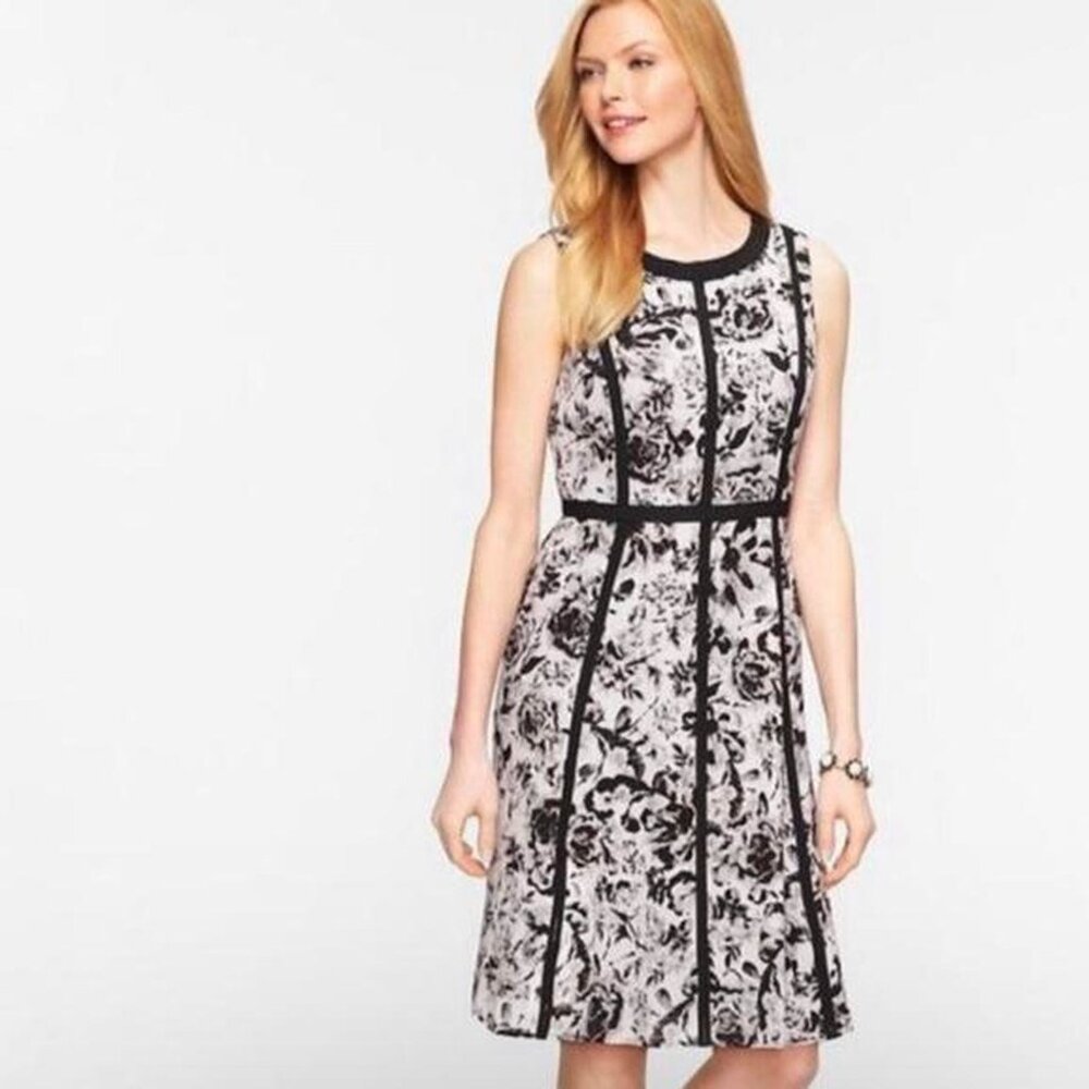Talbots black and white floral print sleeveless sheath cocktail dress, size 14 P